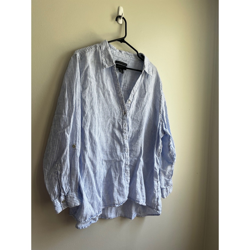Tahari Women 3X Light Blue White Pinstripe 100% Linen Roll-Tab Button Down Shirt